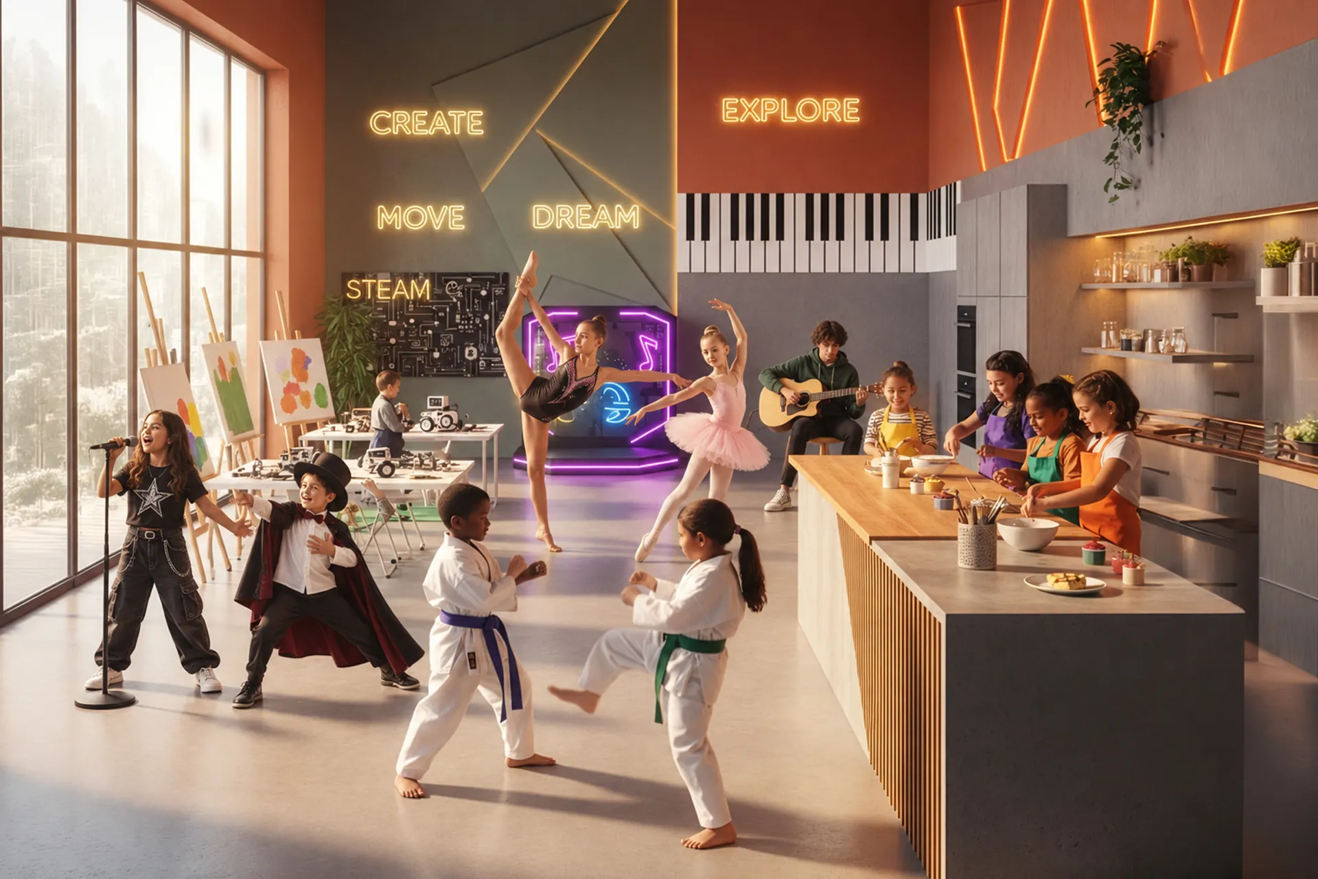 Enfants et adultes en mouvement dans le centre OZ'ARTS