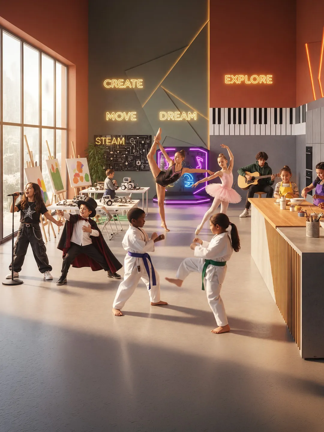 Enfants et adultes en mouvement dans le centre OZ'ARTS